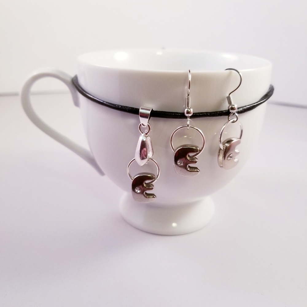 Leather Cord Silver Initial E Necklace Set